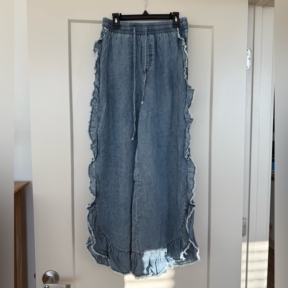 Denim Washed Ruffle Wide-Leg Draw String Pants - Picture 2 of 7